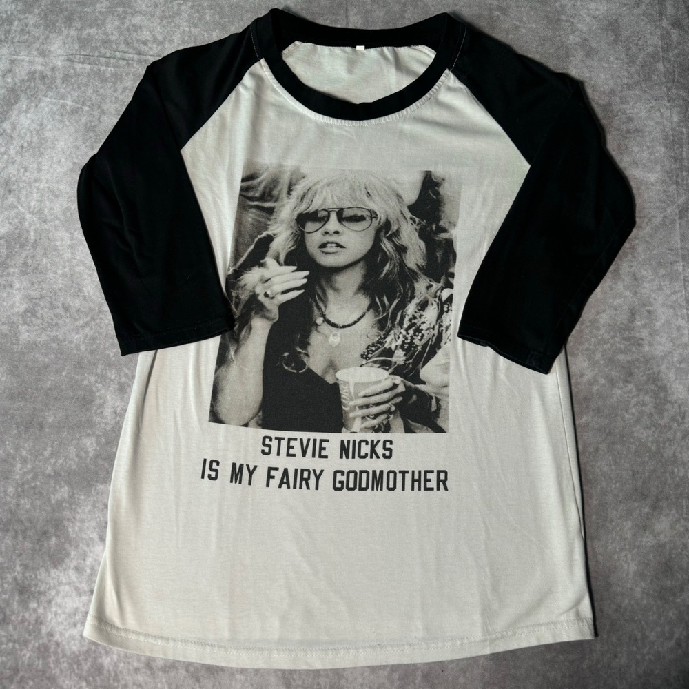 Stevie Nicks Is My Fairy Godmother Graphic Raglan Baseball Tee White Black M